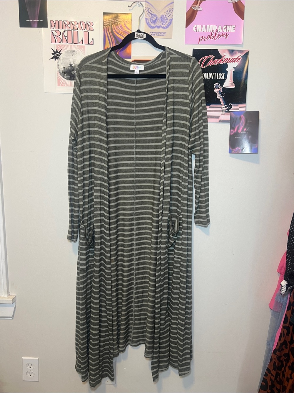 LuLaRoe Olive Green and Light Gray Striped Open-Front Long Cardigan